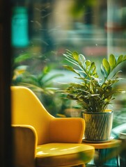 Poster - A yellow armchair sits next to a potted plant in front of a large window with a blurry city scene in the background.