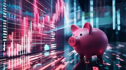 Poster - A pink piggy bank sits in front of digital financial graphs representing saving and investing in the modern economy