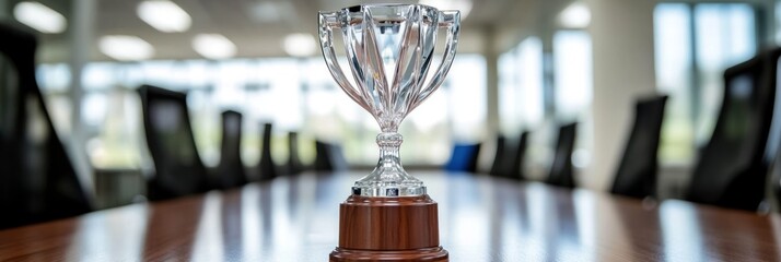 Poster - A crystal trophy sits on a wooden table in a conference room with chairs blurred in the background.