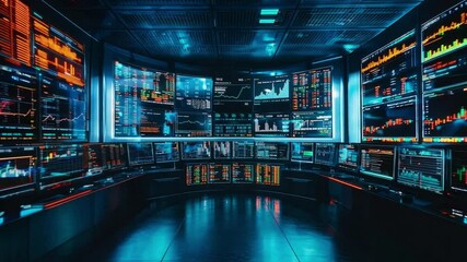 Poster - High-tech financial trading room featuring multiple screens displaying stock market data and analytics