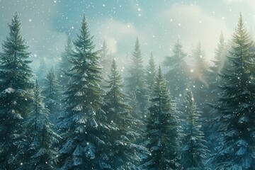 Poster - A serene winter morning unfolds in a snow-laden forest where tall pine trees are blanketed in fresh snow, creating a peaceful atmosphere. Generative AI