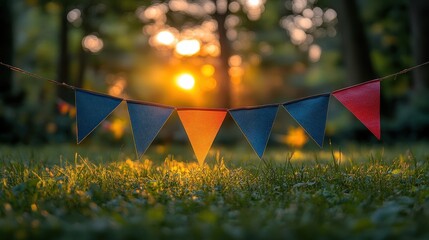 Festive array of colorful party flags brilliantly contrasting with lush natural greenery in background