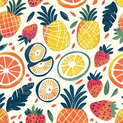 Aufkleber - This design showcases a lively arrangement of pineapples, strawberries, and citrus slices in bright colors on a light background. Generative AI