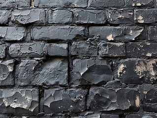 A close-up of a weathered black brick wall with peeling paint and texture.