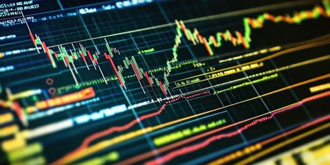 Wall Mural - Close-up of a computer screen showing colorful stock market data with lines and numbers representing financial trends.