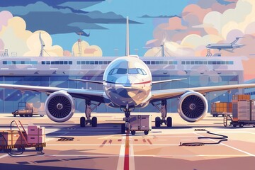 Aufkleber - A cargo airplane is preparing for departure as loading equipment surrounds it, bustling with activity on the runway. Generative AI