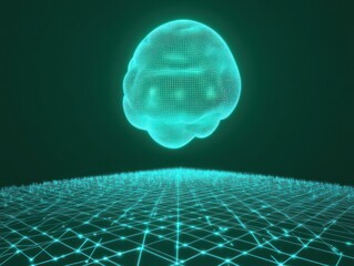 Wall Mural - A glowing, turquoise, digital sphere hovers above a green grid.