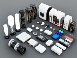 Sticker - A collection of various smart home devices, including cameras, sensors, and control panels.