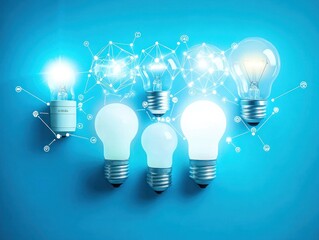 Canvas Print - Five glowing lightbulbs on blue background, one with an intricate network of connections, symbolizing ideas and innovation.