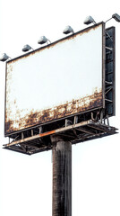 Rusty billboard in open area against white sky. Concept of decay and neglect. For photo emphasizing urban deterioration and advertising.