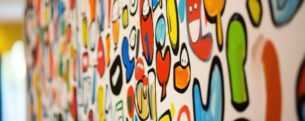 Canvas Print - Abstract colorful shapes painted on a white wall.