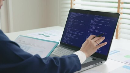 Smart AI cyber bot deep tech tools help write BI prompt code screen. Asia people asian IT woman typing busy work on predict big data mining center office reskill upskill STEM expert skill job course.