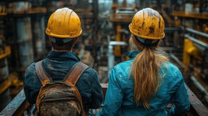 Industrial teamwork: A male and female engineer, both in yellow hard hats, navigating a complex industrial facility