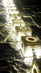 Poster - A line of glowing ice cubes linked by a chain, illuminated by a bright light source.