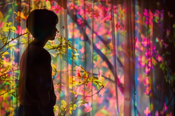 Silhouette of a young woman standing in front of a curtain with a floral projection.