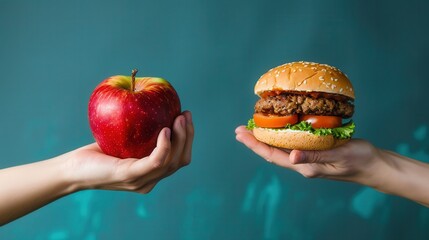 Poster - One hand showcases a fresh apple while the other displays a hamburger, illustrating the choice between healthy and unhealthy foods. Generative AI