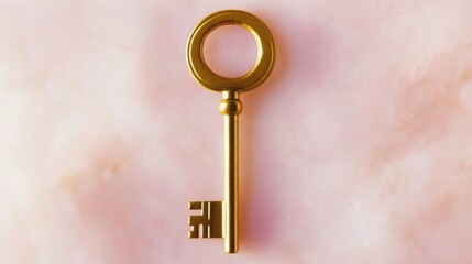 Wall Mural - A single golden key on a pink background.