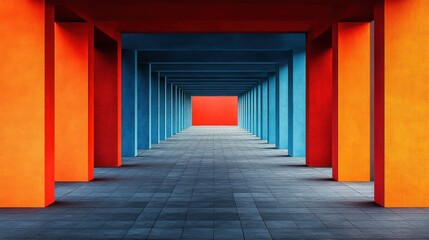 abstract minimalist corridor with red, orange, and blue columns.