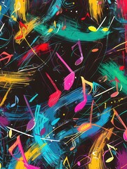 Poster - Colorful brushstrokes intertwine with musical notes on a chalkboard, illustrating artistic expression in an educational environment. Generative AI