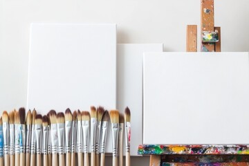 Canvas Print - A row of paintbrushes in front of blank canvases.