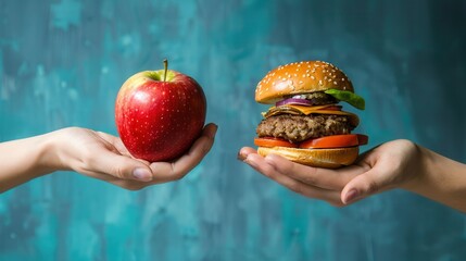 Poster - One hand showcases a vibrant apple, while the other offers a colorful hamburger, highlighting the difference between healthy and unhealthy options. Generative AI