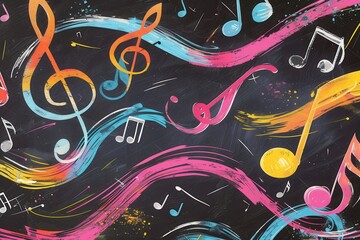 Leinwandbilder - Colorful brushstrokes and musical notes create a lively atmosphere on a chalkboard, inspiring creativity in an artistic setting. Generative AI