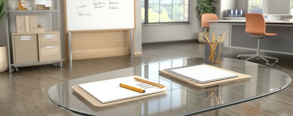 Sticker - A glass table in a modern office with two wooden pads and blank paper on each. There is a whiteboard with writing on it in the background.