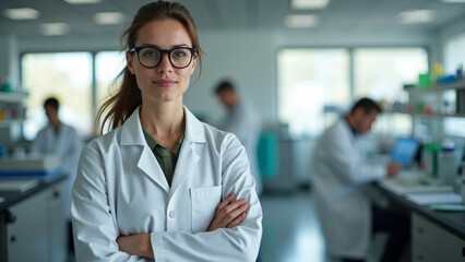 Wall Mural - A young Woman in White Coat and Glasses Standing in Medical Science Laboratory Team of Specialists in the Background.