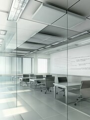 Wall Mural - Modern office space with glass walls, white desks and chairs, and a whiteboard.