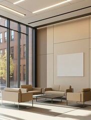 Wall Mural - Modern office lobby with beige furniture, large windows, and a blank canvas on the wall.