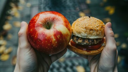 Poster - Two contrasting food choices are being held; one hand presents a fresh apple while the other displays a hamburger laden with toppings. Generative AI