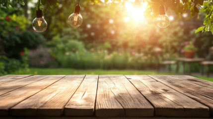 Poster - A sunlit garden scene with a wooden table and hanging lights, perfect for gatherings.