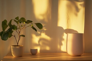 Sticker - A small potted plant and a humidifier sit on a wooden shelf against a white wall with a warm, golden light streaming through the window.