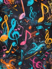Aufkleber - A chalkboard features a burst of colorful brushstrokes intertwined with musical notes, celebrating creativity and musicality. Generative AI