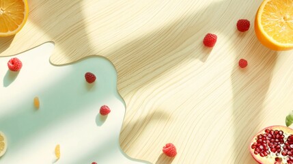 Poster - Yogurt splashing on a light wooden table, surrounded by fresh raspberries, orange slices, pomegranate and orange segments, creating a refreshing summer scene