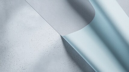 Poster - Rolled light blue paper partially covering a gray textured background creates an abstract composition with subtle shadows and contrasting textures