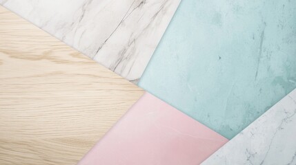 Poster - Geometric composition creating a modern and stylish background with wood, marble, and pastel-colored surfaces, ideal for design projects