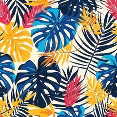 Poster - This lively design showcases an array of tropical leaves in vivid colors, creating a striking visual impact ideal for various uses. Generative AI
