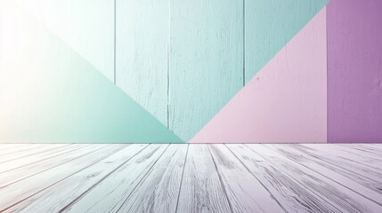 Poster - Sunlight illuminating an empty room with colorful pastel geometric wall and white wooden floor creates a modern and stylish atmosphere, perfect for showcasing products or designs
