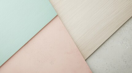 Poster - Geometric composition background featuring pastel-colored surfaces and wood grain, creating a visually appealing abstract design