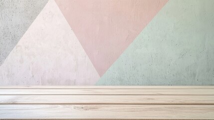 Poster - Inviting wooden table against pastel geometric wall, perfect for product placement. Pink, green, grey hues add elegance to modern design. Clean, bright backdrop for showcasing products in trendy way