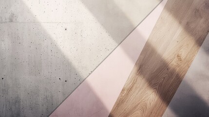 Poster - Sunlight is creating shadows on a modern interior design featuring concrete, wood, and pastel pink surfaces, forming an abstract geometric composition