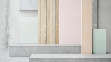 Poster - Modern minimalist interior design showcasing a blend of concrete, light wood panels, and pastel-colored surfaces, creating a stylish and contemporary space