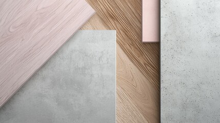 Poster - Geometric arrangement of wooden planks and concrete slabs creating a modern and minimalist abstract background with pastel pink accents