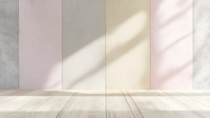 Poster - Sunlight is casting shadows on a colorful concrete wall with wooden floor in an empty room, creating an interesting play of light and shadow
