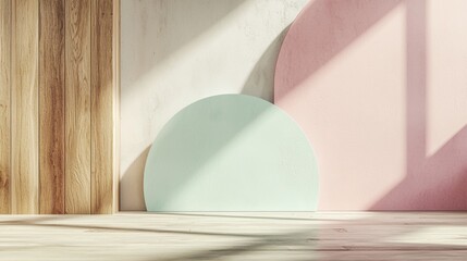 Poster - Sunlight illuminates pastel semicircles in a modern room with wooden floor and wall, creating a soothing and minimalist atmosphere