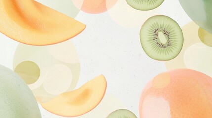 Poster - Melon and kiwi slices, along with other abstract shapes in pastel colors, create a modern and refreshing visual on a textured white background