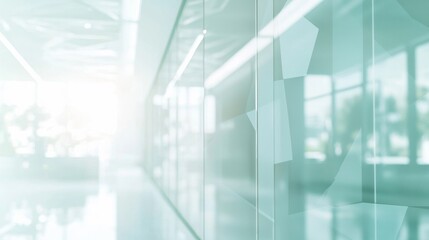 Poster - Blurred image of a modern office interior with a long corridor, glass walls with geometric patterns, and bright natural light creating a sense of spaciousness and professionalism