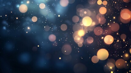 Poster - Abstract background with golden particles floating and creating a magical bokeh effect on a dark blue backdrop, perfect for festive designs and celebrations