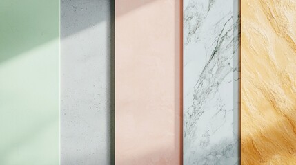 Poster - Sunlight is illuminating a set of pastel colored concrete, marble and travertine surfaces, creating an abstract modern background